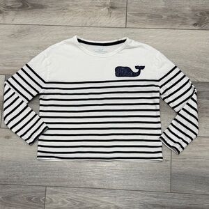 Vineyard Vines White and Navy Striped Long Sleeve Tee with Whale Patch